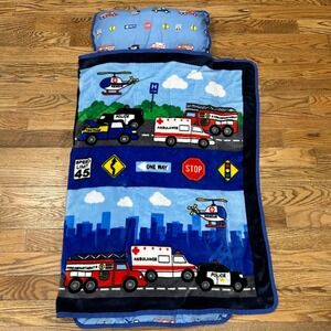 Everyday Kids Toddler Nap Mat with Pillow Rescue Vehicles Fire Truck Blue 47x20